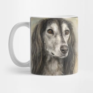 Painting of a Long Hair Brown and White Saluki Dog on Yellow Brown Background Mug